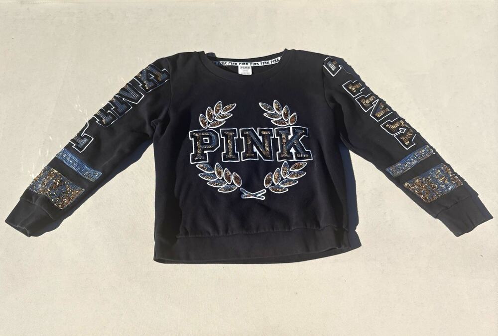 PINK Victoria's Secret Women's Black Pullover Sweatshirt L Crew Sequin Logo